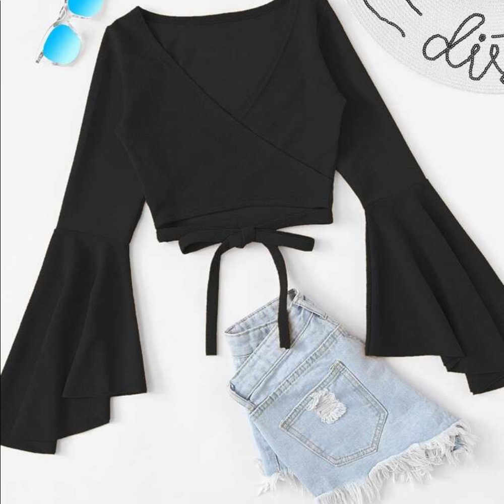 Bell Sleeve Self-Tie Crop Top